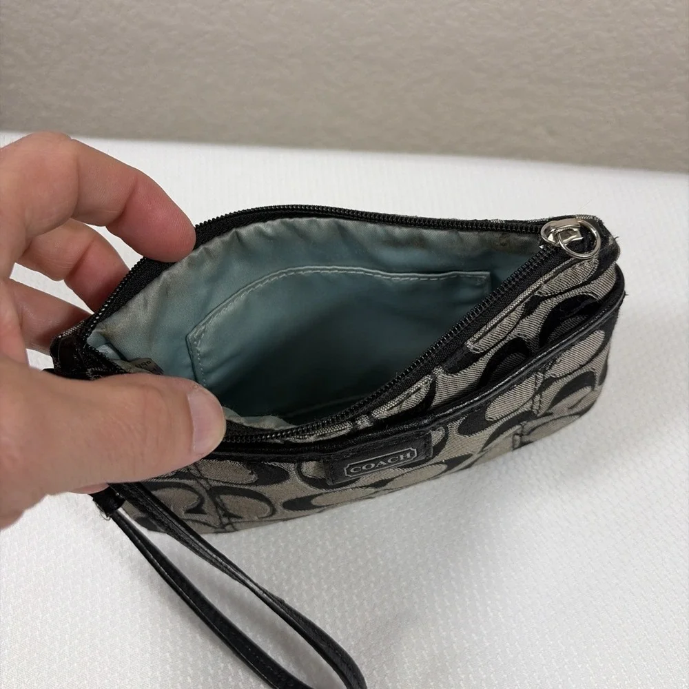 COACH ICONIC CANVAS GLITTER ZIPPY SLIM SMALL WRISTLET WALLET BLACK/GREY